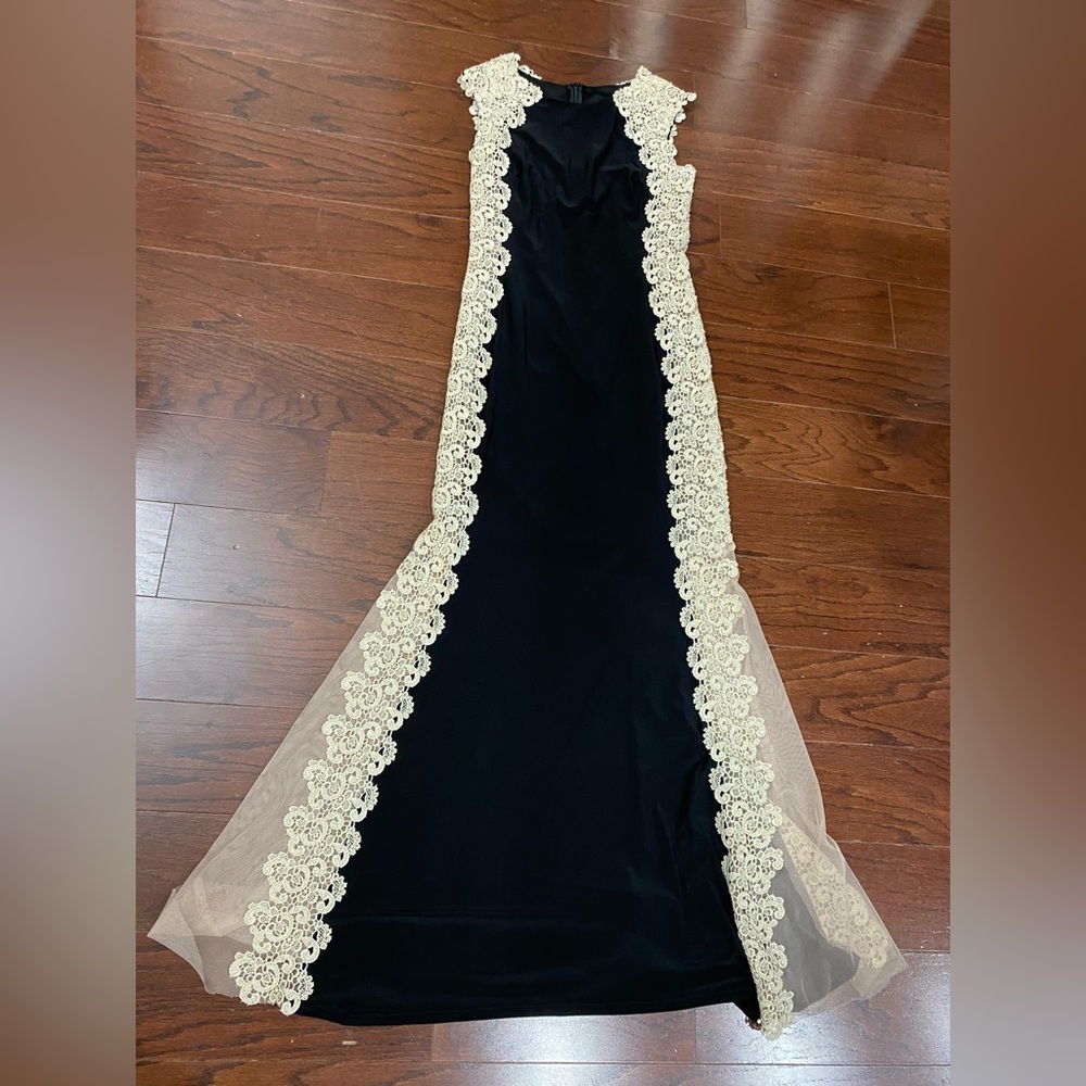 XSCAPE Womens Black Long Formal Lace Sheer  Side Cocktail Dress Size 6